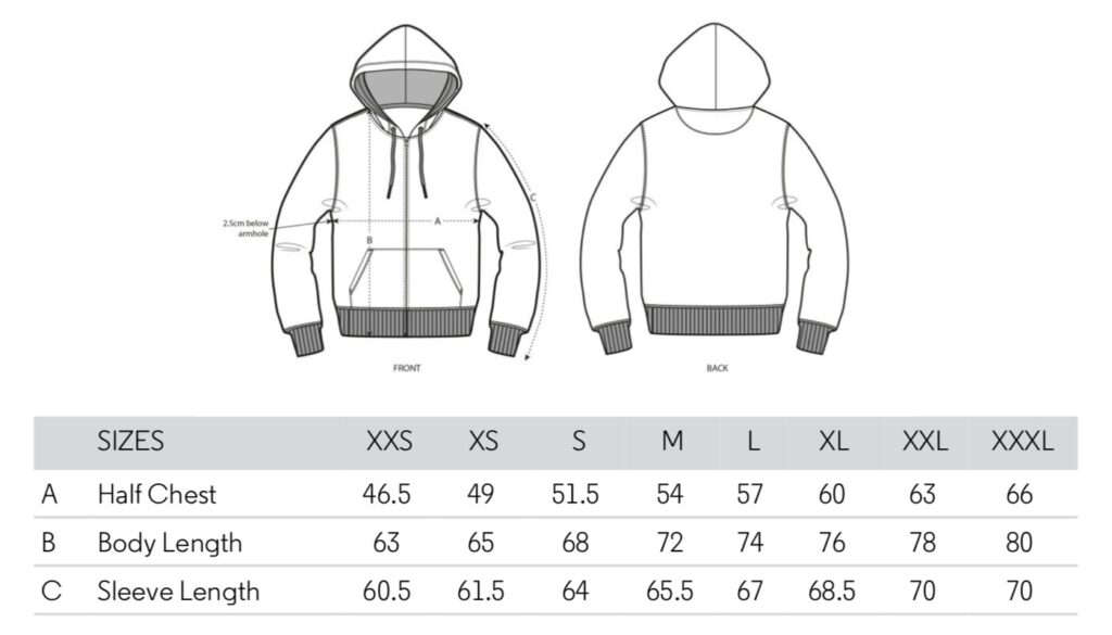 Zip Front Hoodie Size Guide